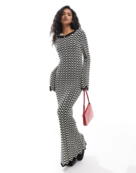 YAS knitted maxi dress with lettuce edge in black and white stripe - BLACK