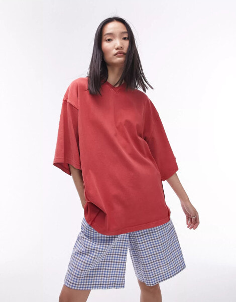 Topshop acid wash v neck oversized tee in red