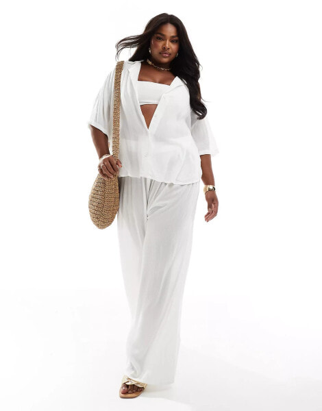 ASOS DESIGN Curve crinkle co-ord wide leg beach trouser in white