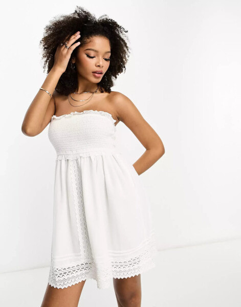 River Island lace insert bandeau mini beach dress in white