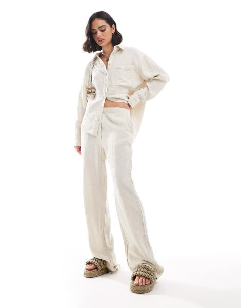 Mango linen look straight leg co-ord trousers in light beige