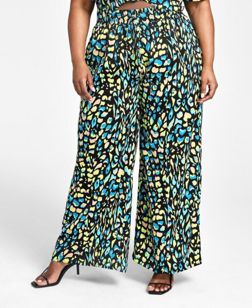 Trendy Plus Size Printed Satin Wide-Leg Pants