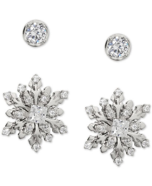 Rhodium-Plated 2-Pc. Set Cubic Zirconia Solitaire & Snowflake Stud Earrings, Created for Macy's