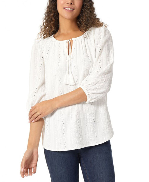 Petite Eyelet-Embroidered Tie-Neck Tunic Top