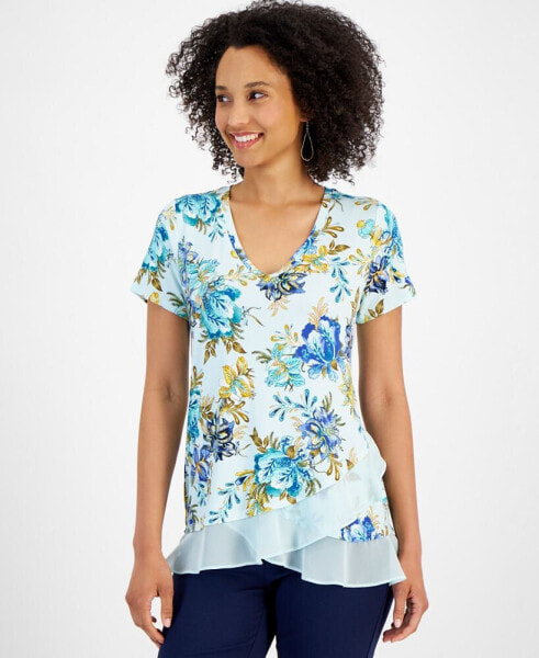 Petite Floral Printed Ruffled-Hem Top, Created for Macy's