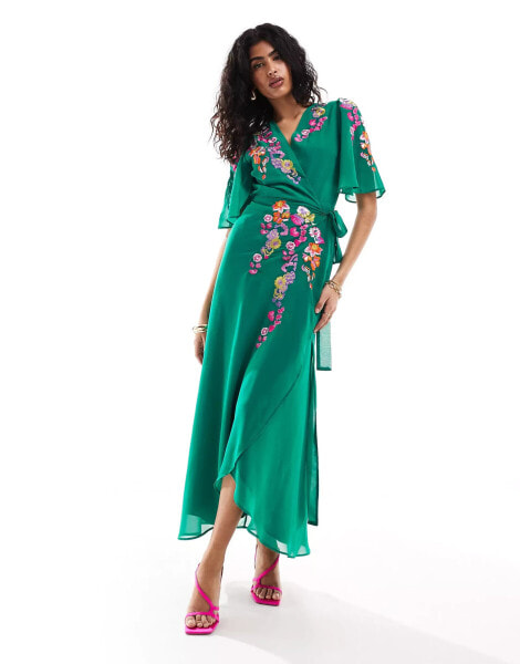 Hope & Ivy embroidered wrap maxi dress in bright green