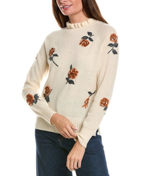 Minnie Rose Embroidered Flower Mock Neck Cashmere Sweater Women's White M