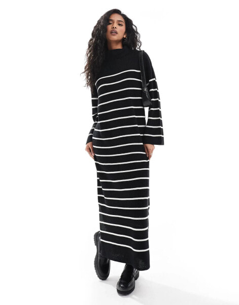 Vila high neck knitted maxi dress in black and white stripe