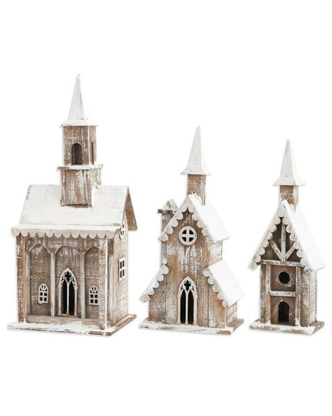 K&K Interiors, Inc. Set Of 3 Weathered Wood Churches Tan