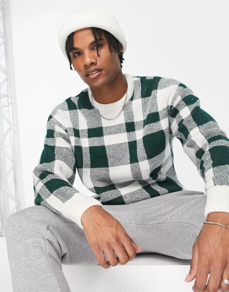 New Look large check relaxed fit jumper in dark green