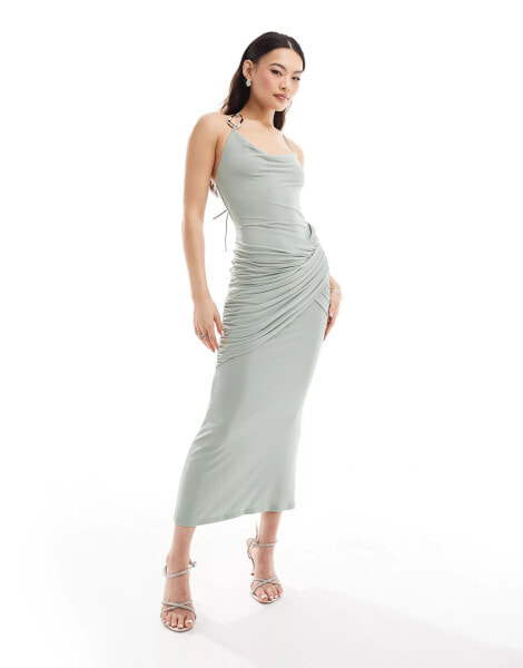 ASOS DESIGN mesh cowl trim maxi dress in sage green