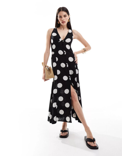 ASOS DESIGN button down linen midi dress with full skirt spot print