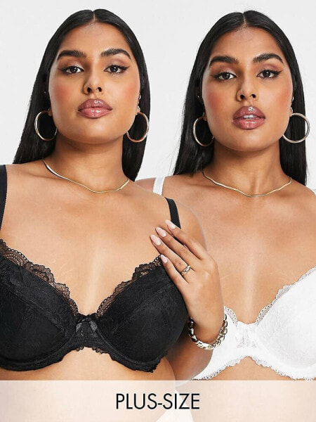 Simply Be 2 pack lace padded plunge bras in black and white