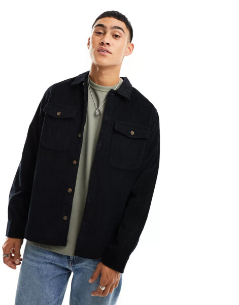 Jack & Jones Essentials corduroy overshirt in black