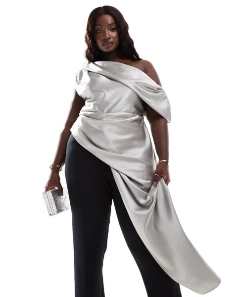 ASOS LUXE Curve co-ord exaggerated drape satin top in silver