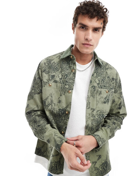 ASOS DESIGN overshirt in floral print with corduroy collar in green