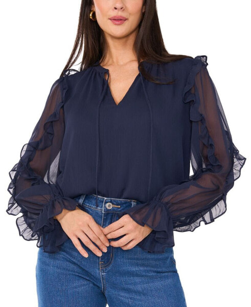 Women's Tie-Neck Ruffled Sheer-Sleeve Blouse