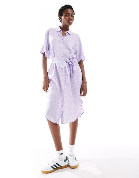 Monki tie waist midi shirt dress in dark lilac ditsy print exclusive to ASOS