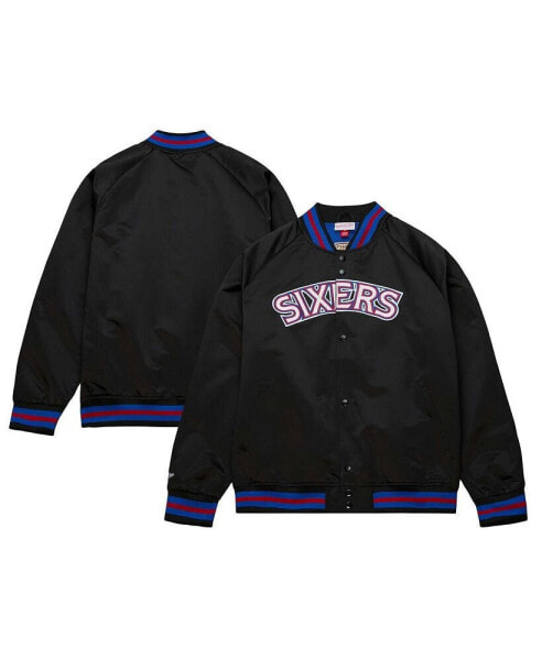 Men's Black Philadelphia 76ers Hardwood Classics Throwback Wordmark Raglan Full-Snap Jacket