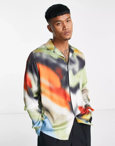 ASOS DESIGN relaxed revere satin shirt in blur spray print