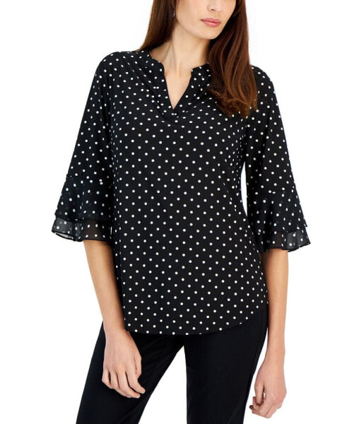 Women's Split-Neck Polka-Dot Flutter Sleeve Top