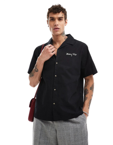 ASOS DESIGN relaxed revere shirt with chest and back print in black