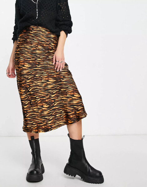 Violet Romance satin midi skirt in tiger print