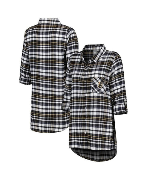 Женская пижама Concepts Sport Womens Black Vegas Golden Knights Mainstay Flannel Full-Button Three-Quarter Sleeve Nightshirt