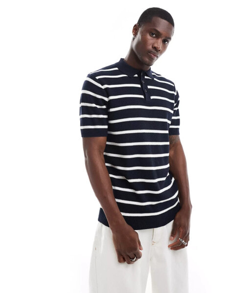 Brave Soul textured knit stripe polo in navy