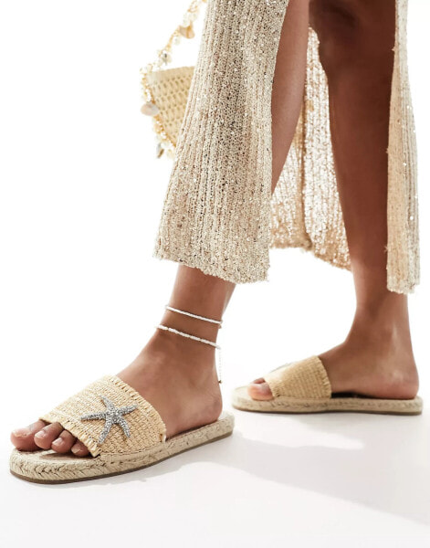 South Beach evil eye embellished espadrille mule sandals in natural raffia