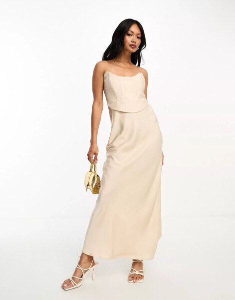 ASOS DESIGN bandeau contrast fabric slip maxi dress with corset detail in gold