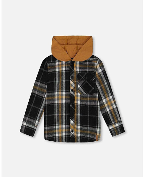 Big Boys Button Down Flannel Shirt With Hood Plaid Black And Caramel