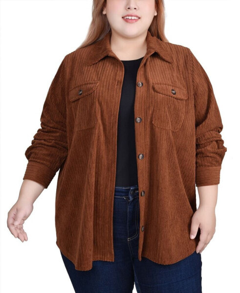 Plus Size Long Sleeve Corduroy Shirt Jacket