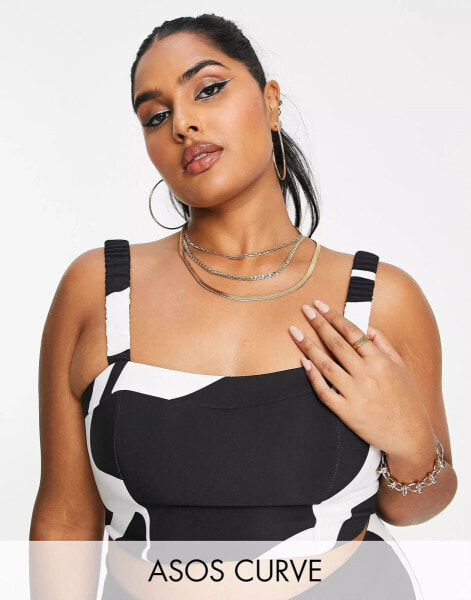 ASOS LUXE Curve co-ord tailored bralet in black & white swirl print