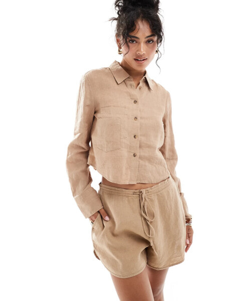 Mango linen relaxed shirt co-ord in tan