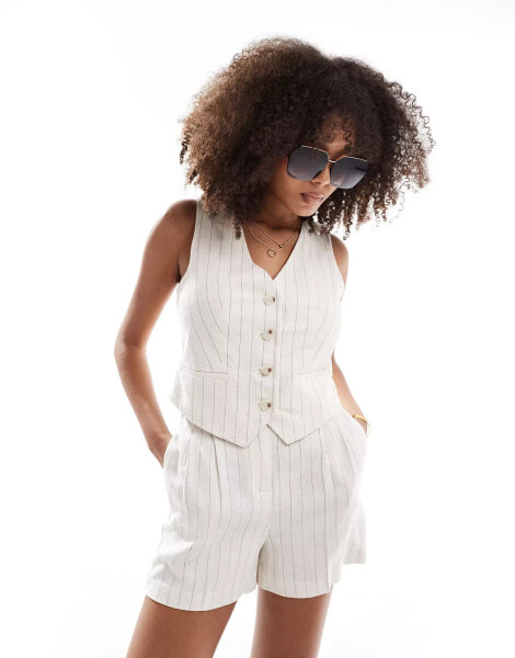 New Look pinstripe linen look waistcoat in white