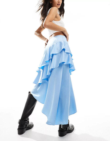 Labelrail x Olivia Grace Herring tiered satin midi skirt in blue