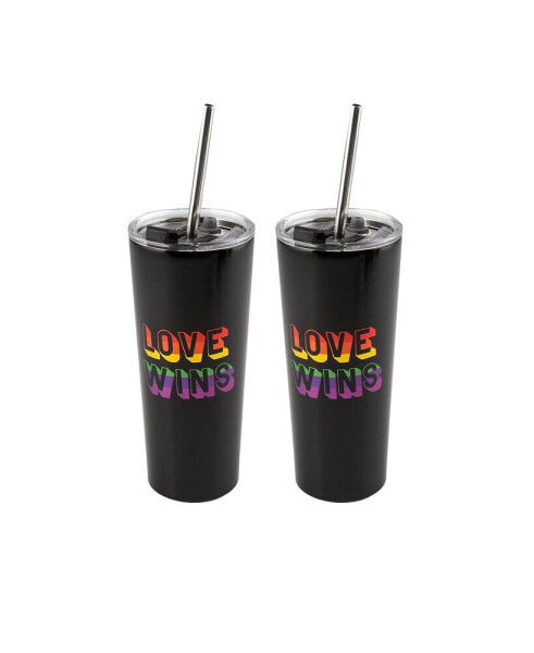 Double Wall 2 Pack of 24 oz Black Straw Tumblers with Metallic "Love Wins" Decal