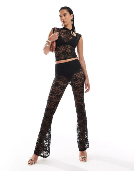 Kaiia sheer lace flare trouser co-ord in black