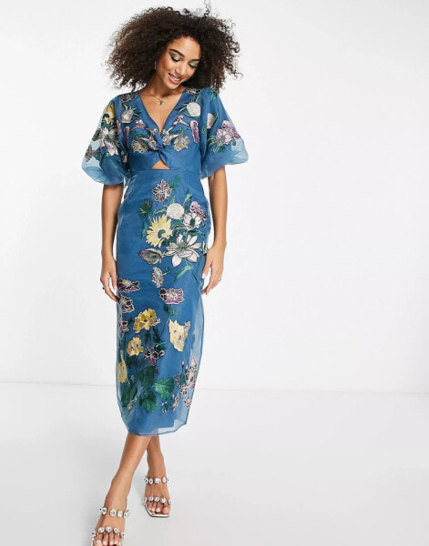 ASOS EDITION – Midikleid aus Organza in Stahlblau mit Blumenstickerei