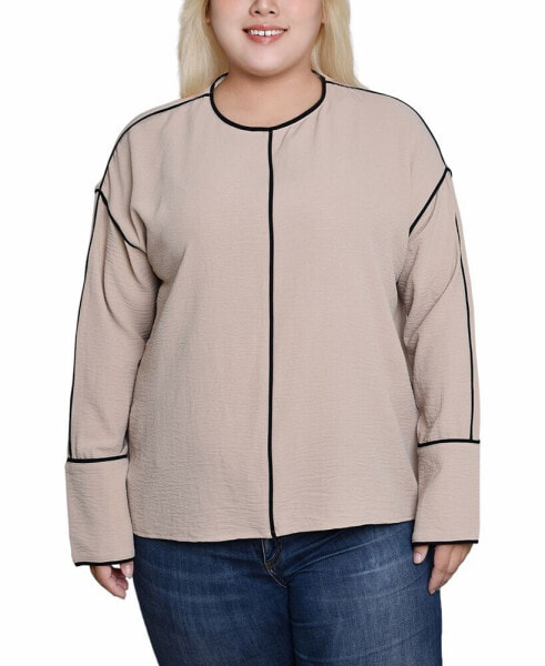 Plus Size Long Sleeve Contrast Piped Blouse