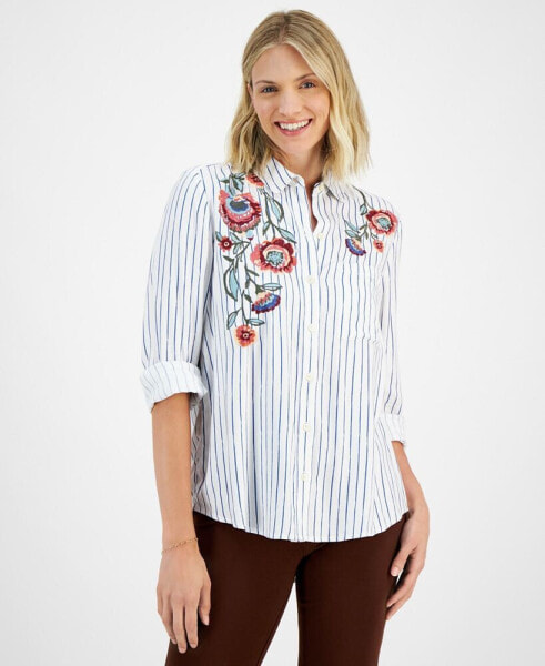 Women's Striped Floral-Embroidered Shirt, Created for Macy's