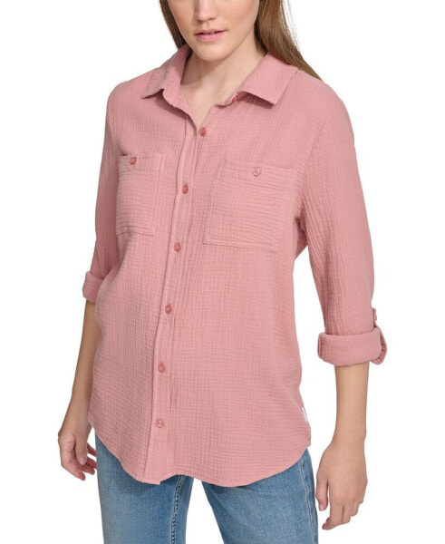 Women's Double-Crepe Button-Down Roll-Tab-Sleeve Shirt