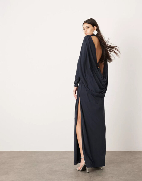 ASOS EDITION premium cowl back high neck maxi dress in dark blue