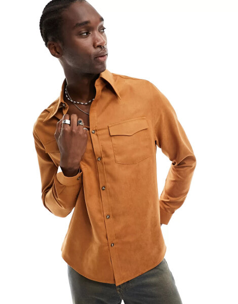 ASOS DESIGN relaxed fit 70s collar western suedette shirt in tan