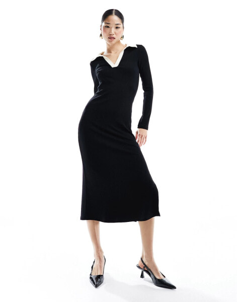 Nobody's Child Peyton long sleeve contrast knit midi dress in black