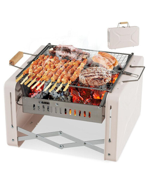 Folding Charcoal BBQ Grill with Dishwasher-safe Grill Grids and Charcoal Box-Beige