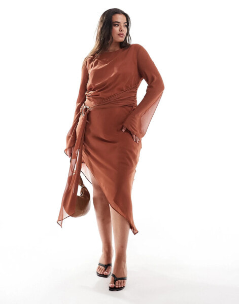 ASOS DESIGN Curve slash neck chiffon asymmetric midi dress with liquid gold belt detail in terracotta