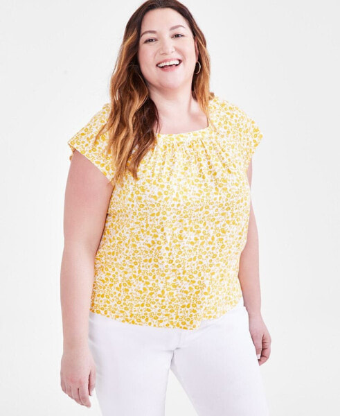 Plus Size Printed Square-Neck Top, Created for Macy's