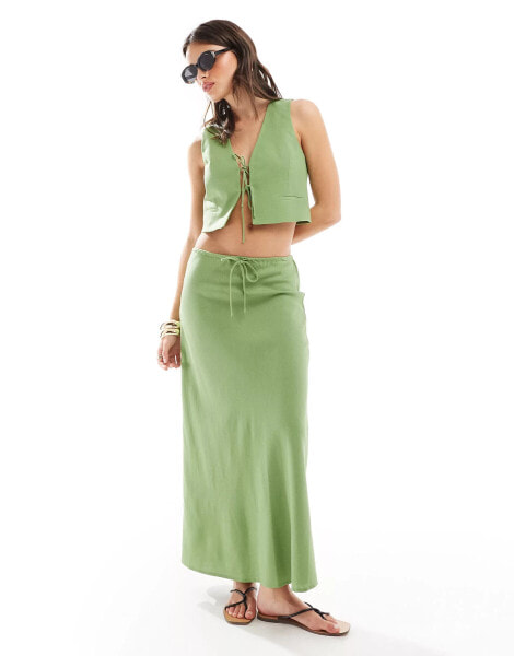 Mango linen mix co-ord skirt in green